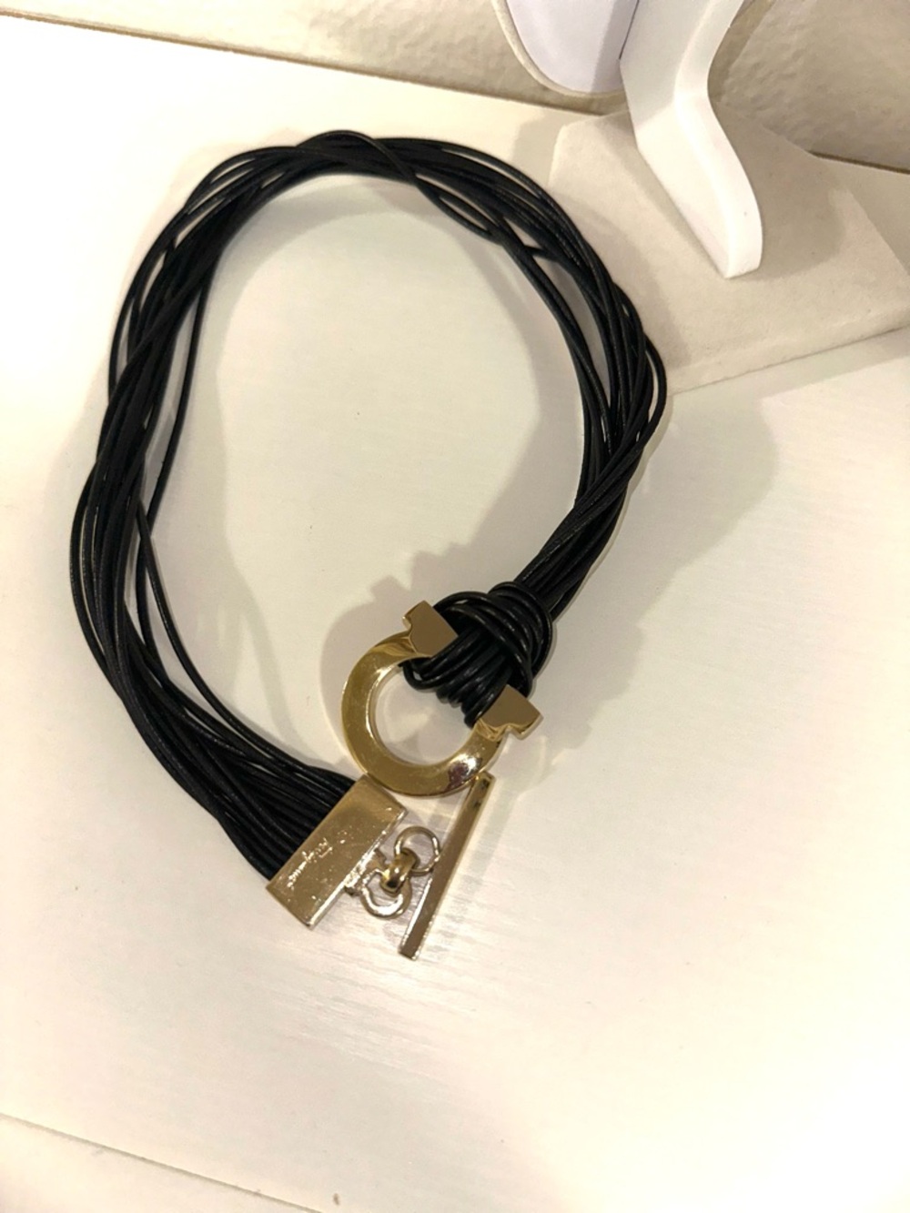 SALVATORE FERRAGAMO Gold Hardware Black Multi-Strand Leather Necklace - Picture 2 of 5